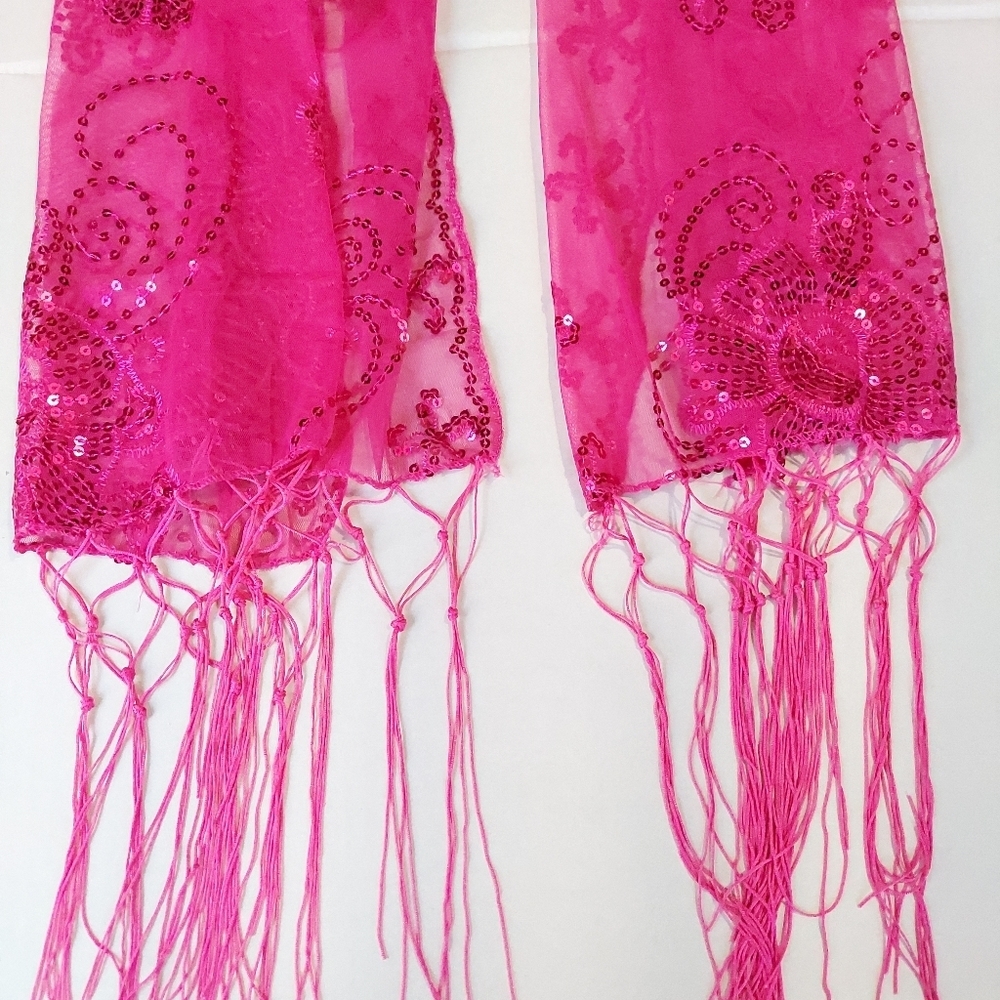 Womens Pink Mesh Sequin Metallic Party Prom Wedding Shawl Scarf With Fringe - Picture 6 of 11